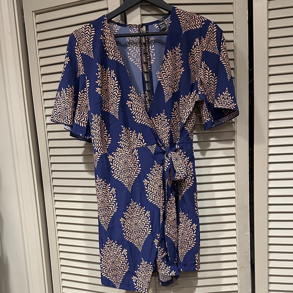 Purple and Orange Cream Palm Leaf Tropical Patterned Romper Shorts One Piece Lg - Picture 2 of 7